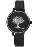 Damenuhr schwarz Mesh Armbanduhr Edelstahl Baum silber Leben