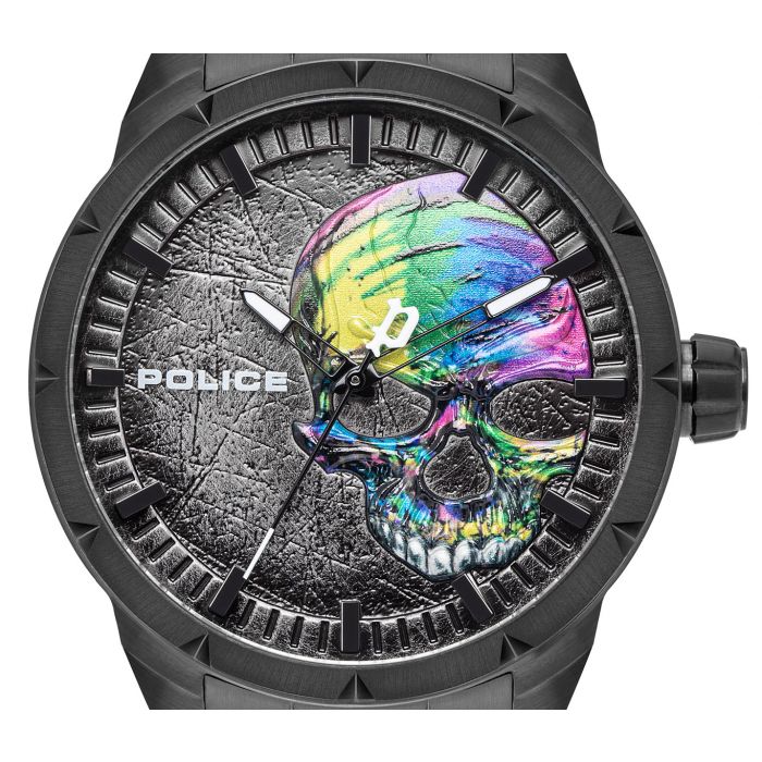 Herren Armbanduhr Police Uhr mit Totenkopf PL15715JSB.78M Black