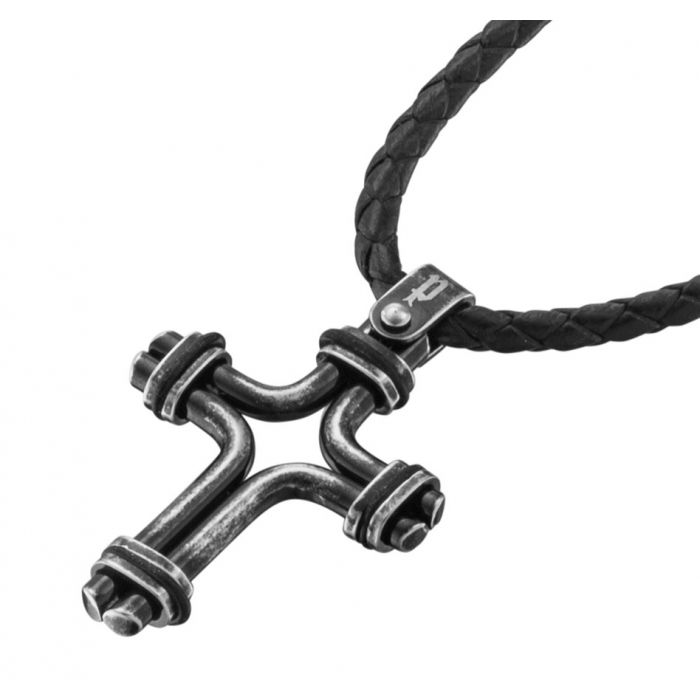 Police Halskette Kreuz PJ26037PLE.03 schwarz Kette Lederband
