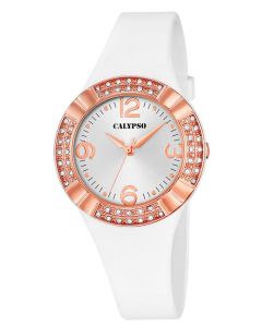 Damenuhr Calypso Armbanduhr K5659/1 weiß rose Silikonband Strass
