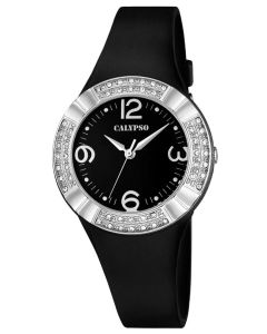 Damenuhr Calypso Armbanduhr K5659/4 schwarz silber Silikonband Strass